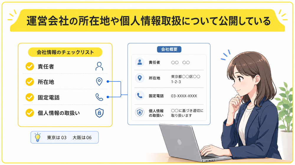 運営会社の所在地や個人情報取扱について公開している