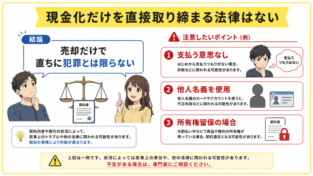 現金化だけを直接取り締まる法律はない