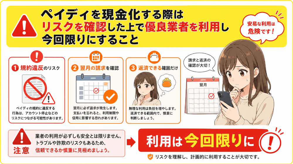 ペイディを現金化する際はリスクを確認した上で優良業者を利用し今回限りにすること