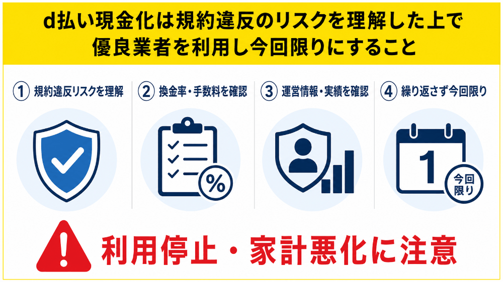 d払い現金化は規約違反のリスクを理解した上で優良業者を利用し今回限りにすること