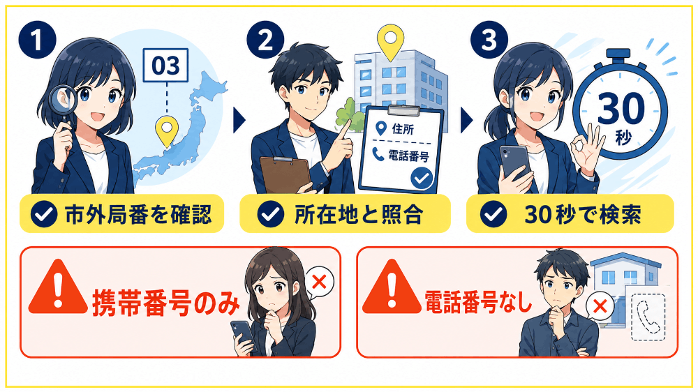 固定電話番号と所在地住所が一致しているか調べる