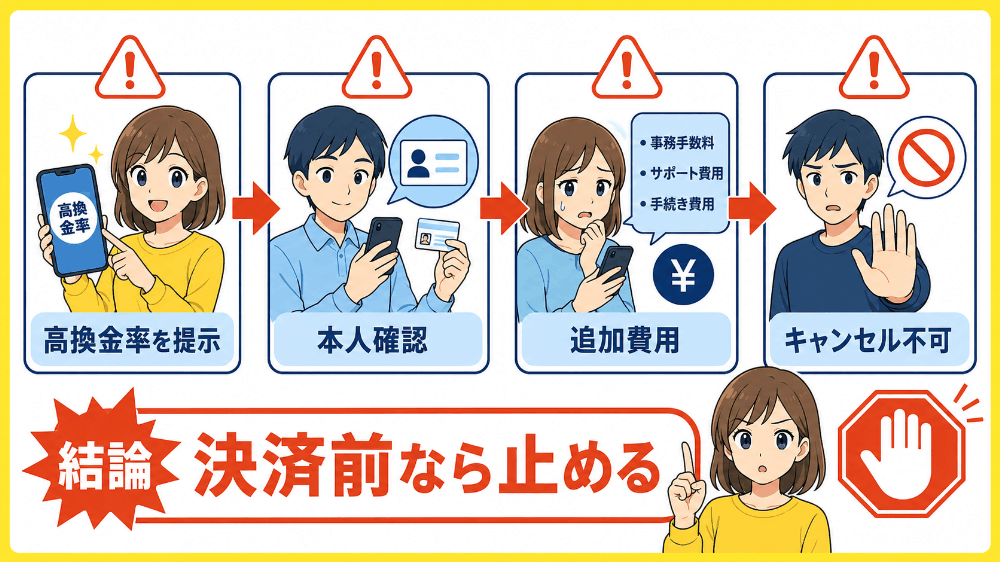 高換金率を提示して後から大幅な手数料を請求するパターン